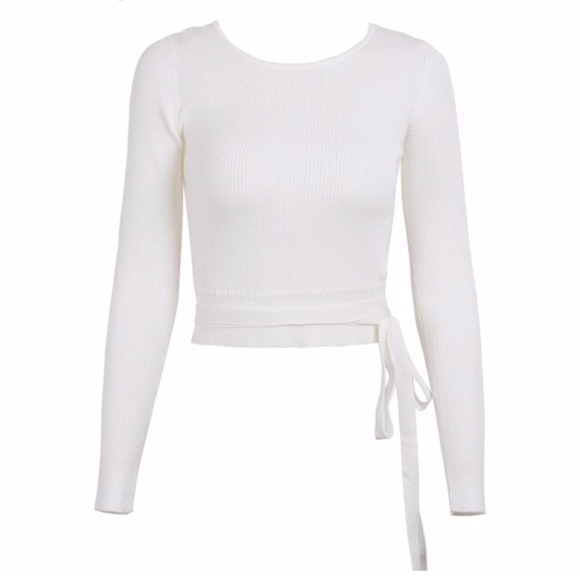 Belted Ribbed Cut Out Back Cropped Sweater - Picture 4 of 6